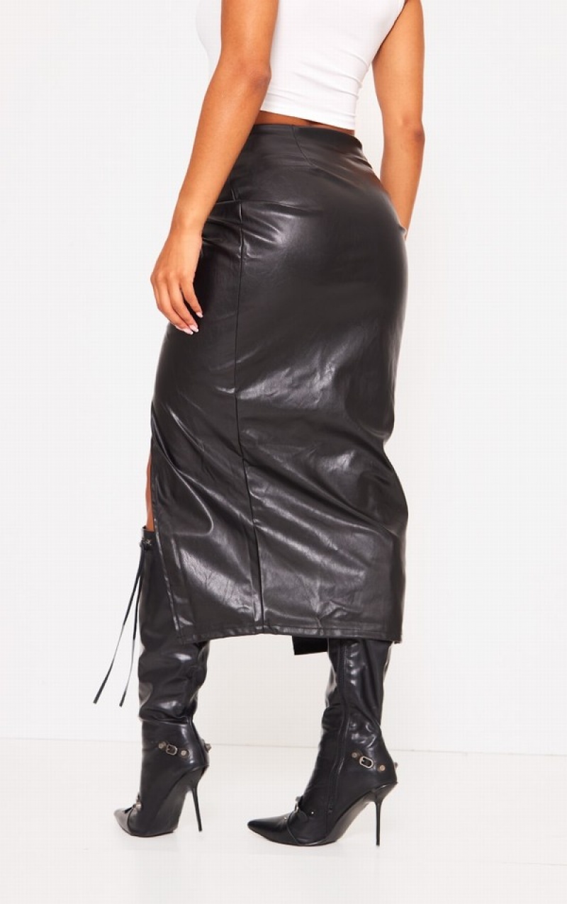 Black Pretty Little Thing Faux Leather Twist Detail Front Skirts | CMINQGJ-91