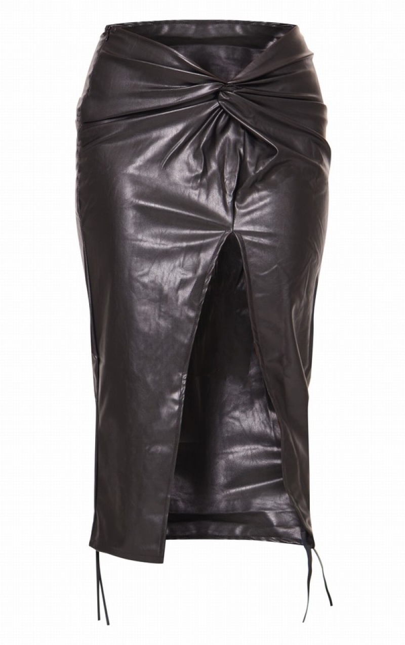 Black Pretty Little Thing Faux Leather Twist Detail Front Skirts | CMINQGJ-91