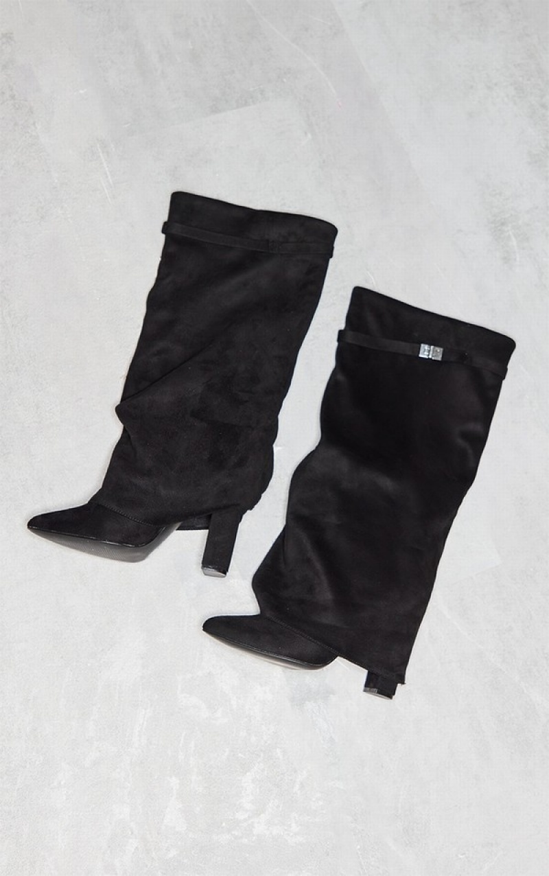 Black Pretty Little Thing Faux Suede Fold Over Knee Blocked Boots | GJSFOCY-63