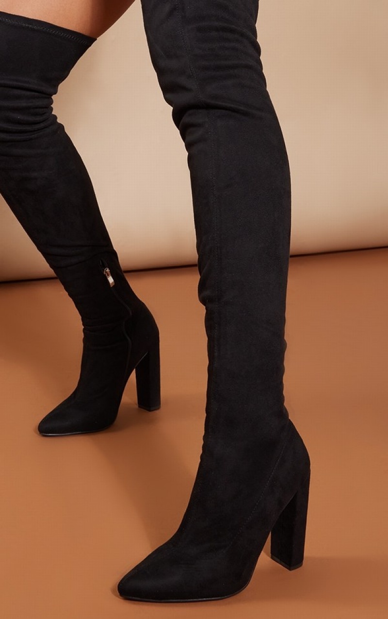 Black Pretty Little Thing Faux Suede Rounded Point Toe Over The Kneeed Boots | LRSCVPA-39