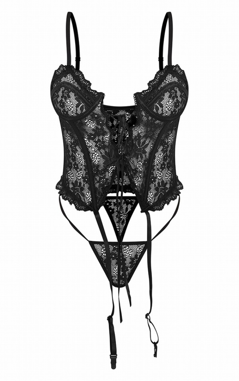 Black Pretty Little Thing Floral Lace Lace Up Corset Lingerie | KHXDJRC-30