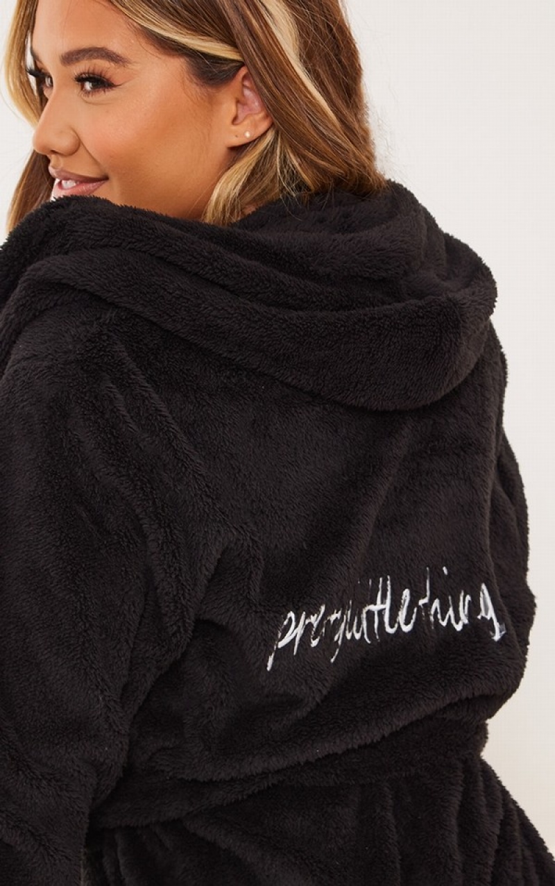 Black Pretty Little Thing Fluffy Bath Robe Sleepwear | PSZYLEH-21