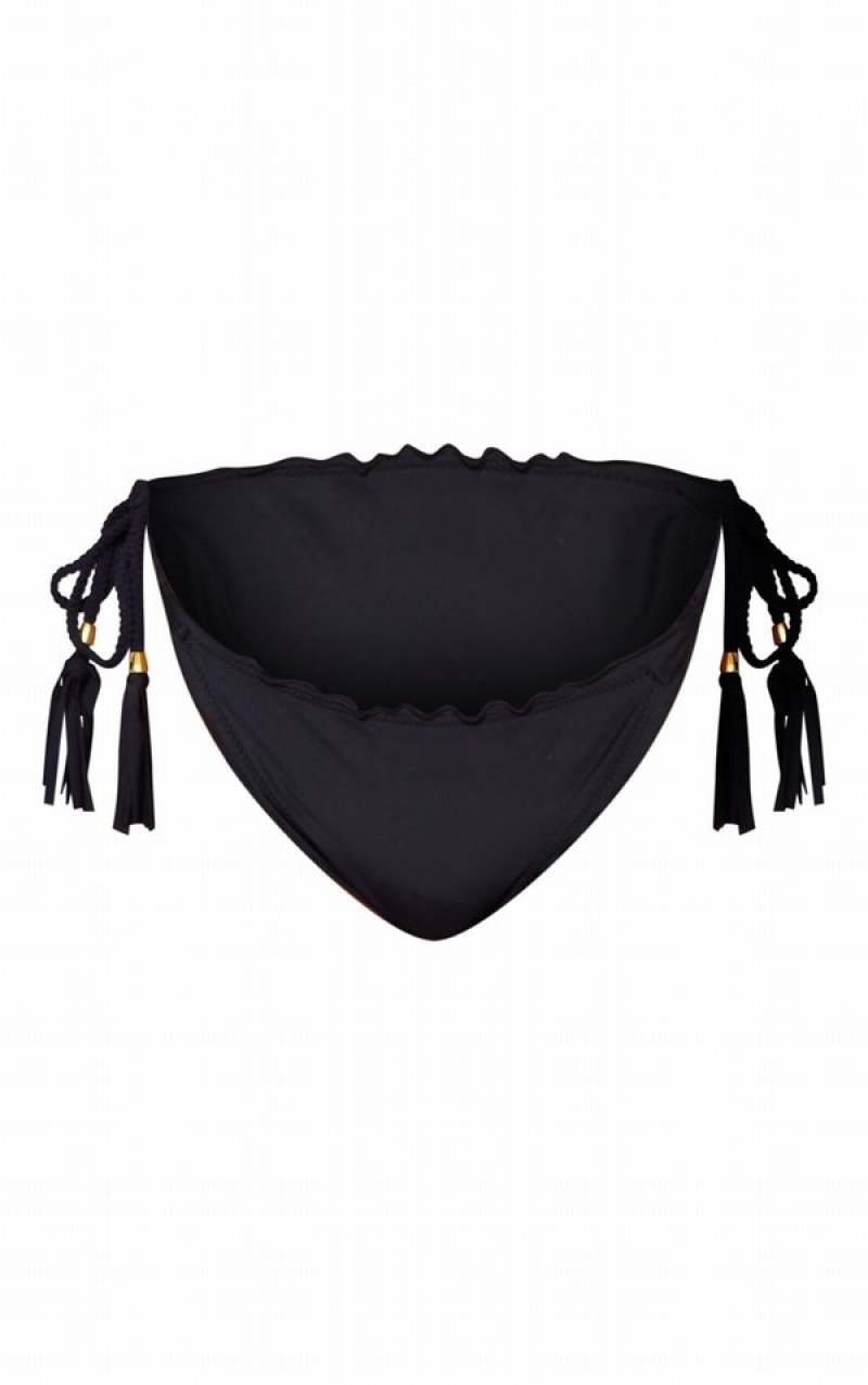 Black Pretty Little Thing Frill Edge Plaited Strap Tie Side Bikini Bottoms | HVQTFXS-90