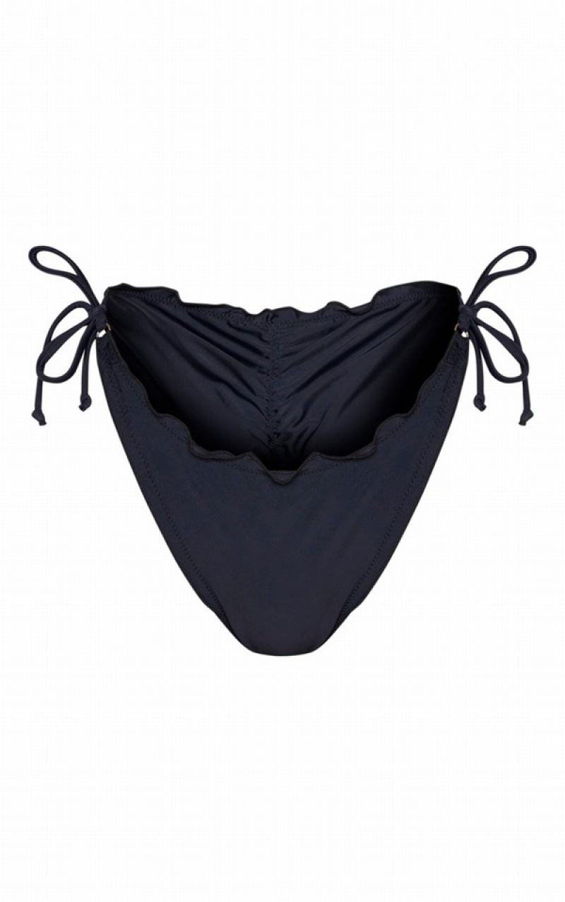 Black Pretty Little Thing Frill Edge Ruched Back Bikini Bottoms | UANTJBS-51