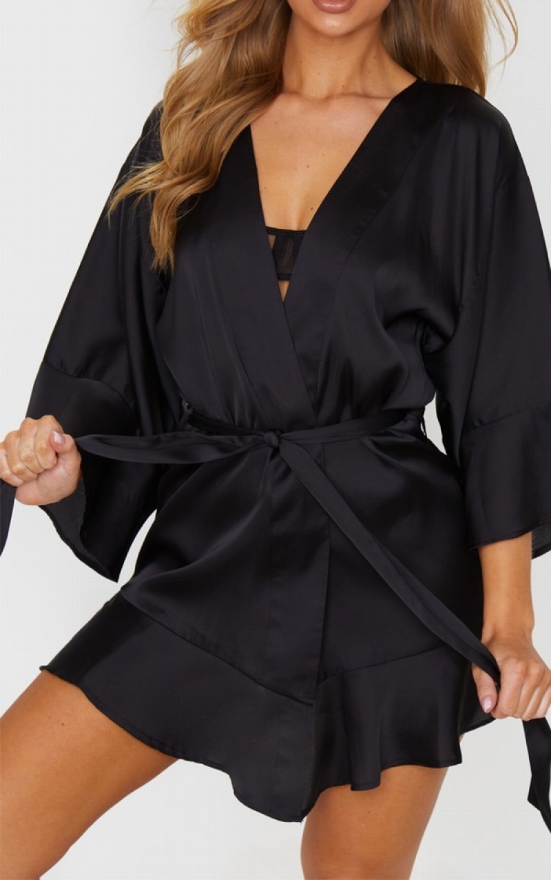 Black Pretty Little Thing Frill Sleeve Satin Robe Lingerie | DXZBITA-52