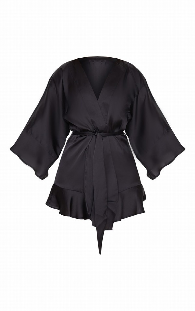 Black Pretty Little Thing Frill Sleeve Satin Robe Lingerie | DXZBITA-52