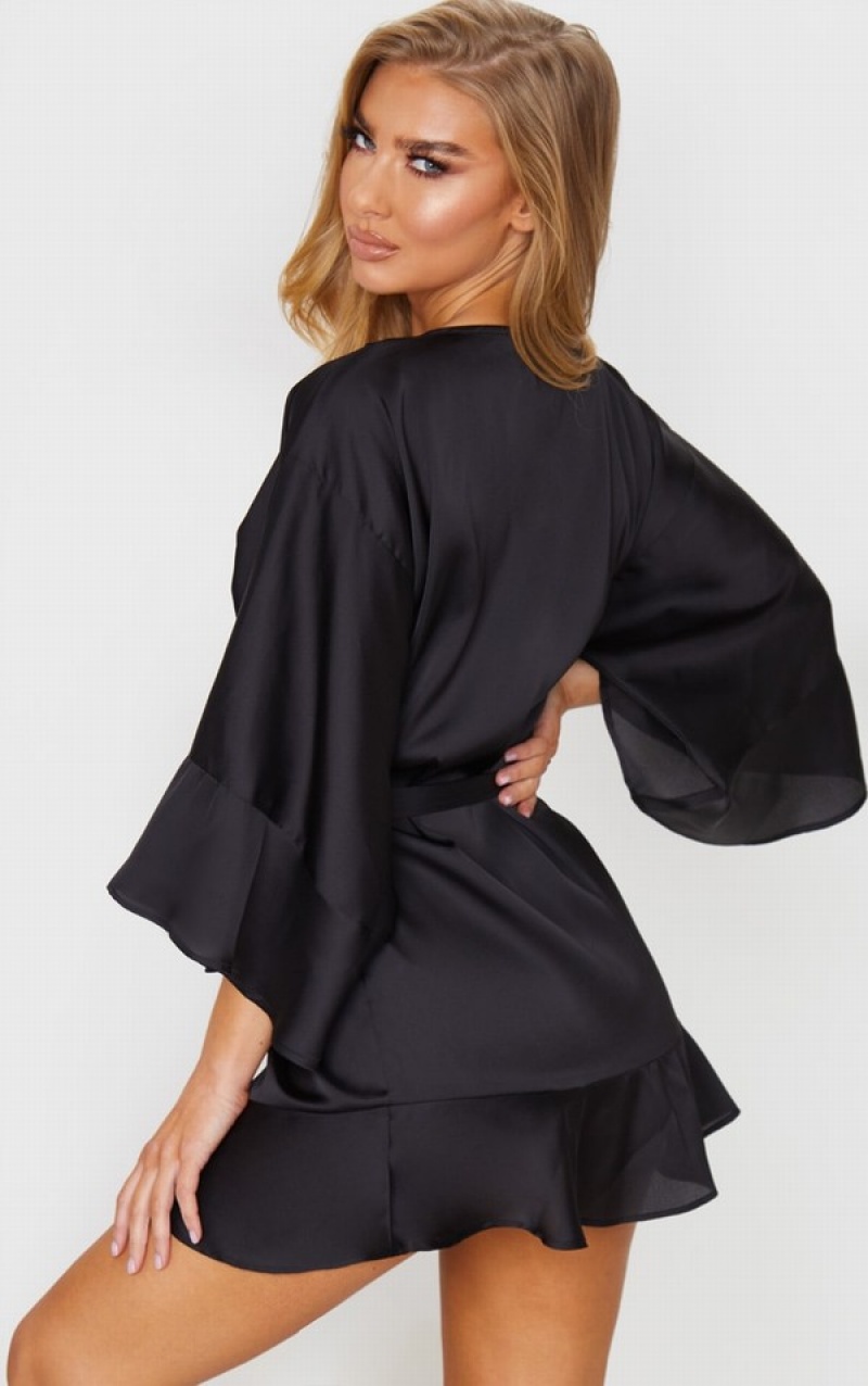 Black Pretty Little Thing Frill Sleeve Satin Robe Lingerie | DXZBITA-52