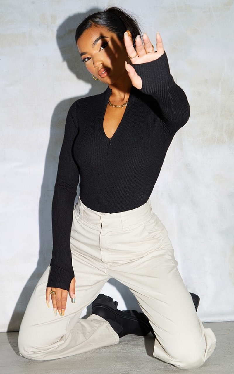 Black Pretty Little Thing Half Zip Knitted Bodysuits | CVMEBTL-90