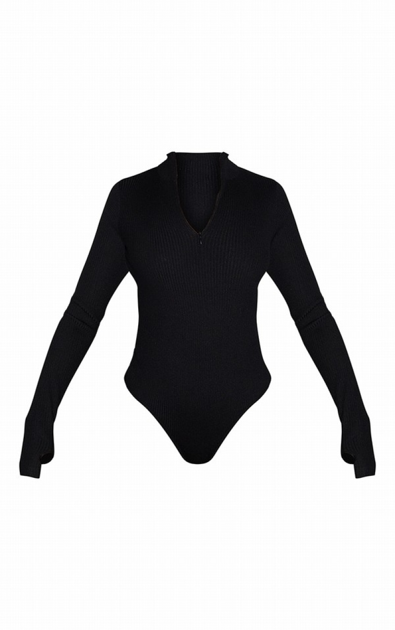 Black Pretty Little Thing Half Zip Knitted Bodysuits | CVMEBTL-90