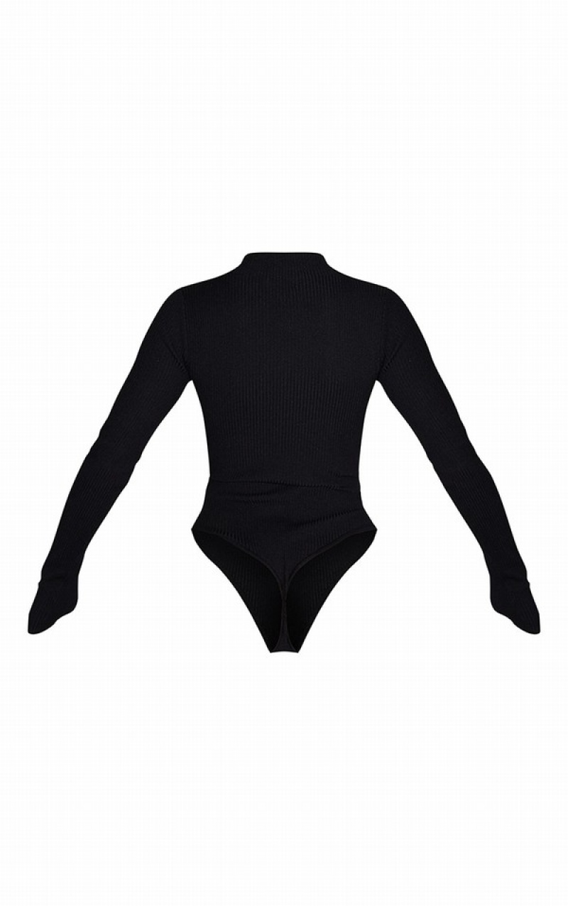 Black Pretty Little Thing Half Zip Knitted Bodysuits | CVMEBTL-90