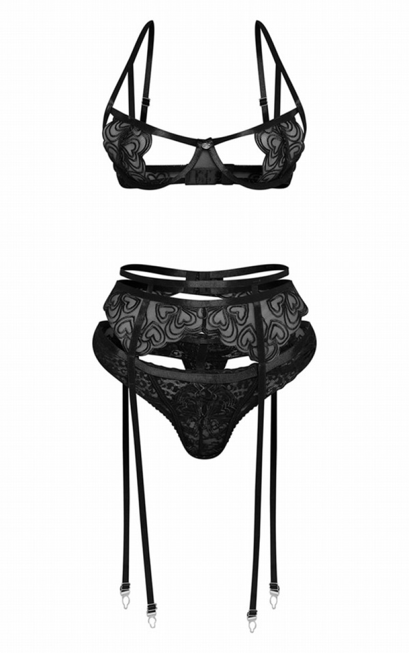 Black Pretty Little Thing Heart EmbroideLace 3 Piece Lingerie | PYDZCMQ-72