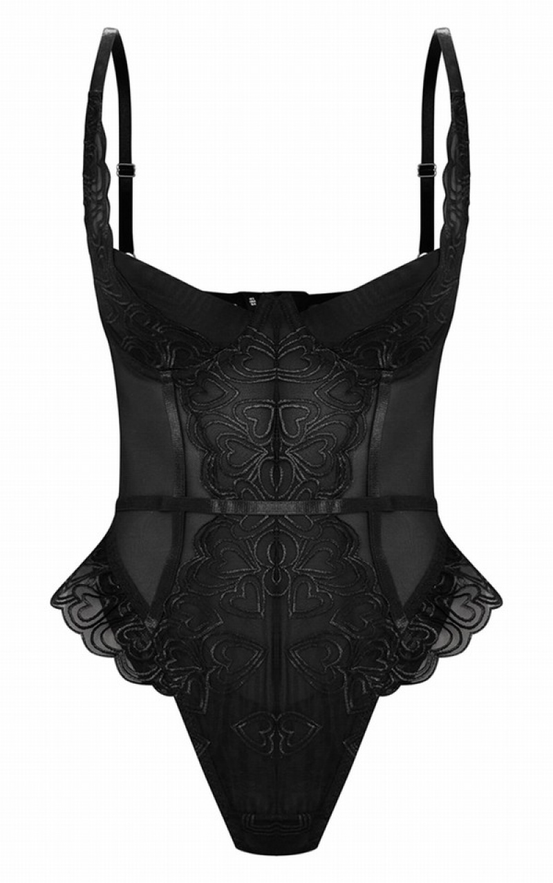 Black Pretty Little Thing Heart EmbroideLace Body Lingerie | IWRPEFN-37