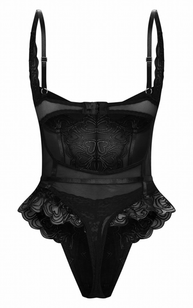 Black Pretty Little Thing Heart EmbroideLace Body Lingerie | IWRPEFN-37