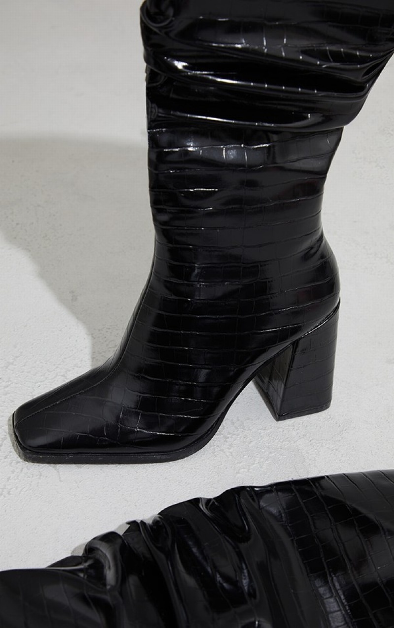 Black Pretty Little Thing High Block Croc Knee High Heels | LKHRAIO-18