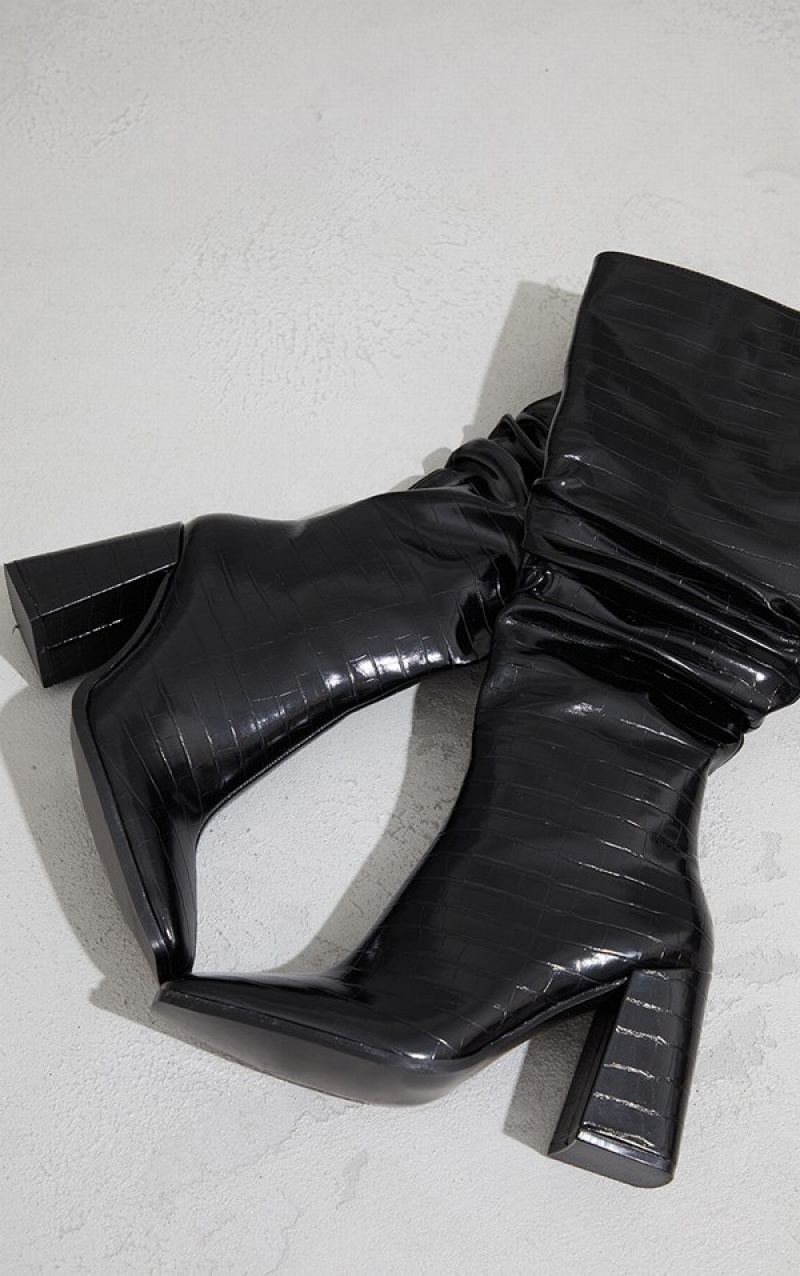 Black Pretty Little Thing High Block Croc Knee High Boots | SFZRNMQ-34