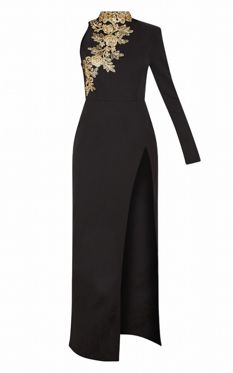 Black Pretty Little Thing High Neck Asymmetric EmbroideTrim Maxi Dresses | ZOAGHLM-31