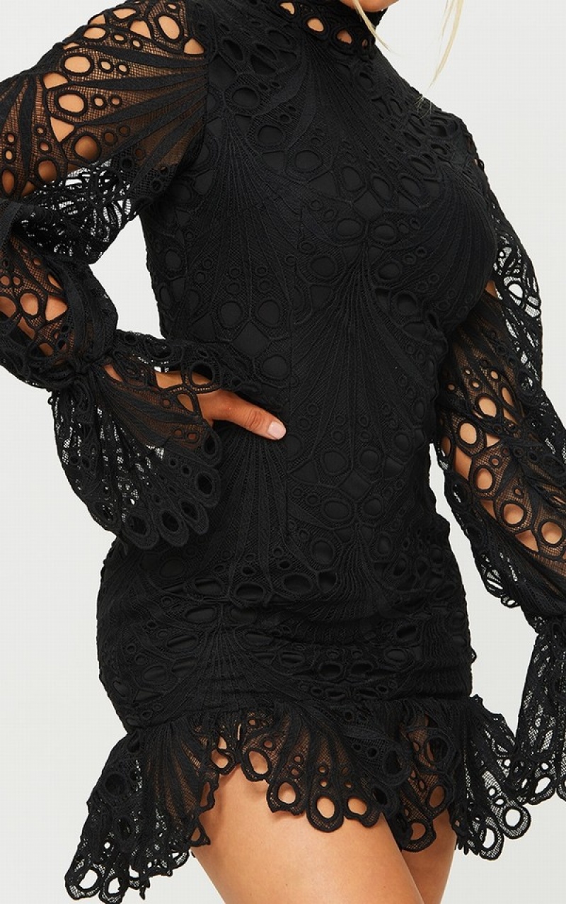 Black Pretty Little Thing High Neck Lace Long Sleeve Frill Bodycon Dresses | ZYBUCAJ-45