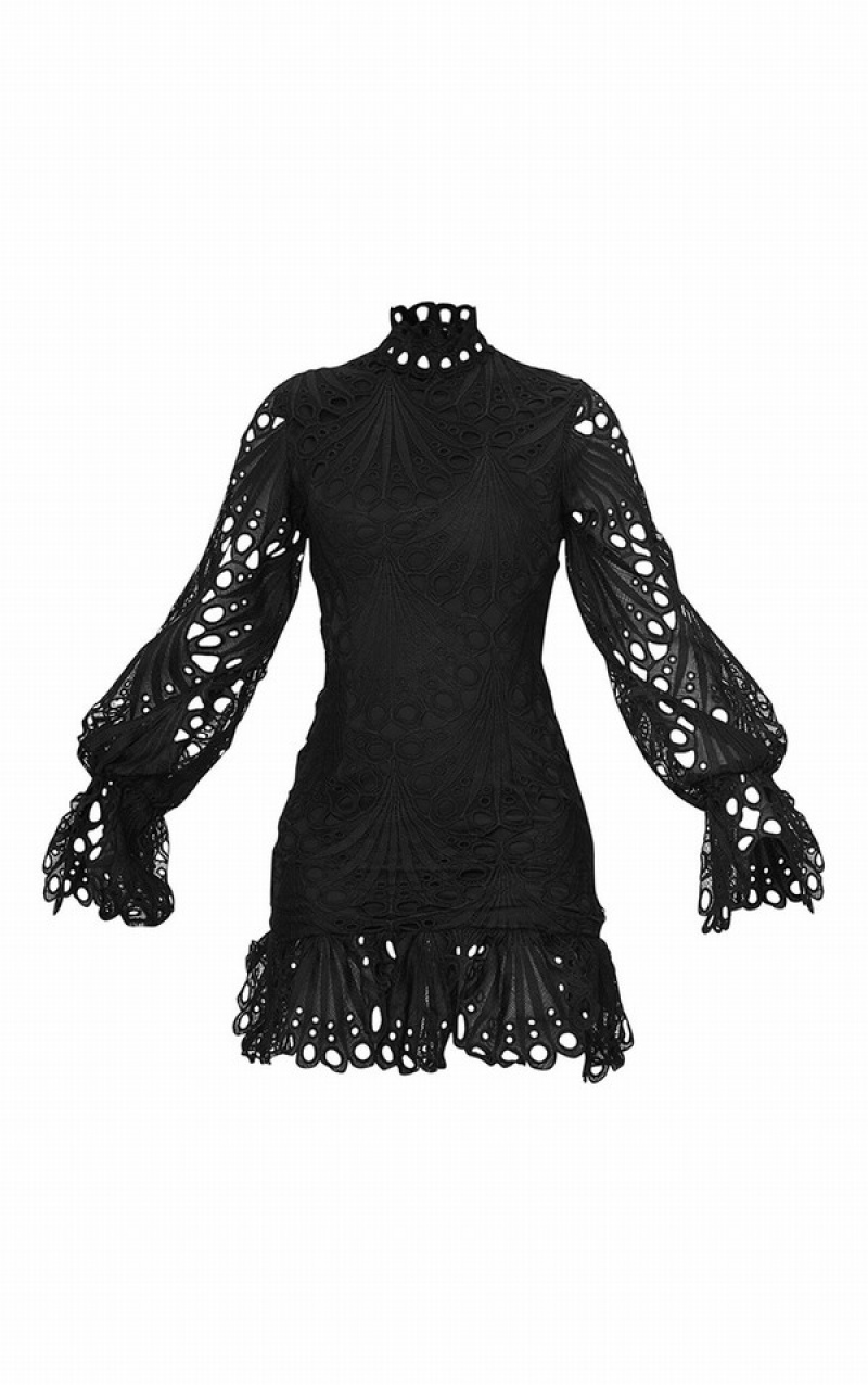 Black Pretty Little Thing High Neck Lace Long Sleeve Frill Bodycon Dresses | ZYBUCAJ-45