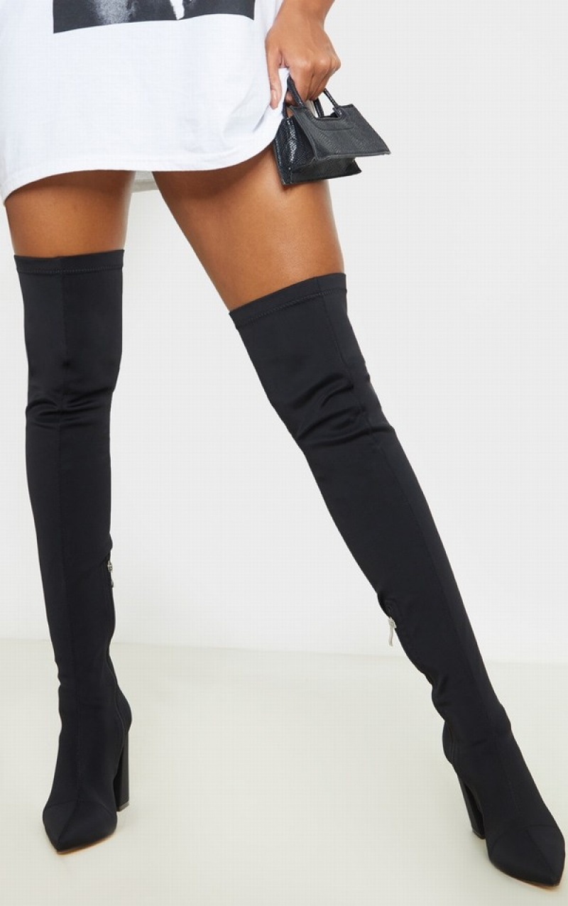 Black Pretty Little Thing High Point Lycra Thigh High Boots | MQGTWUX-09