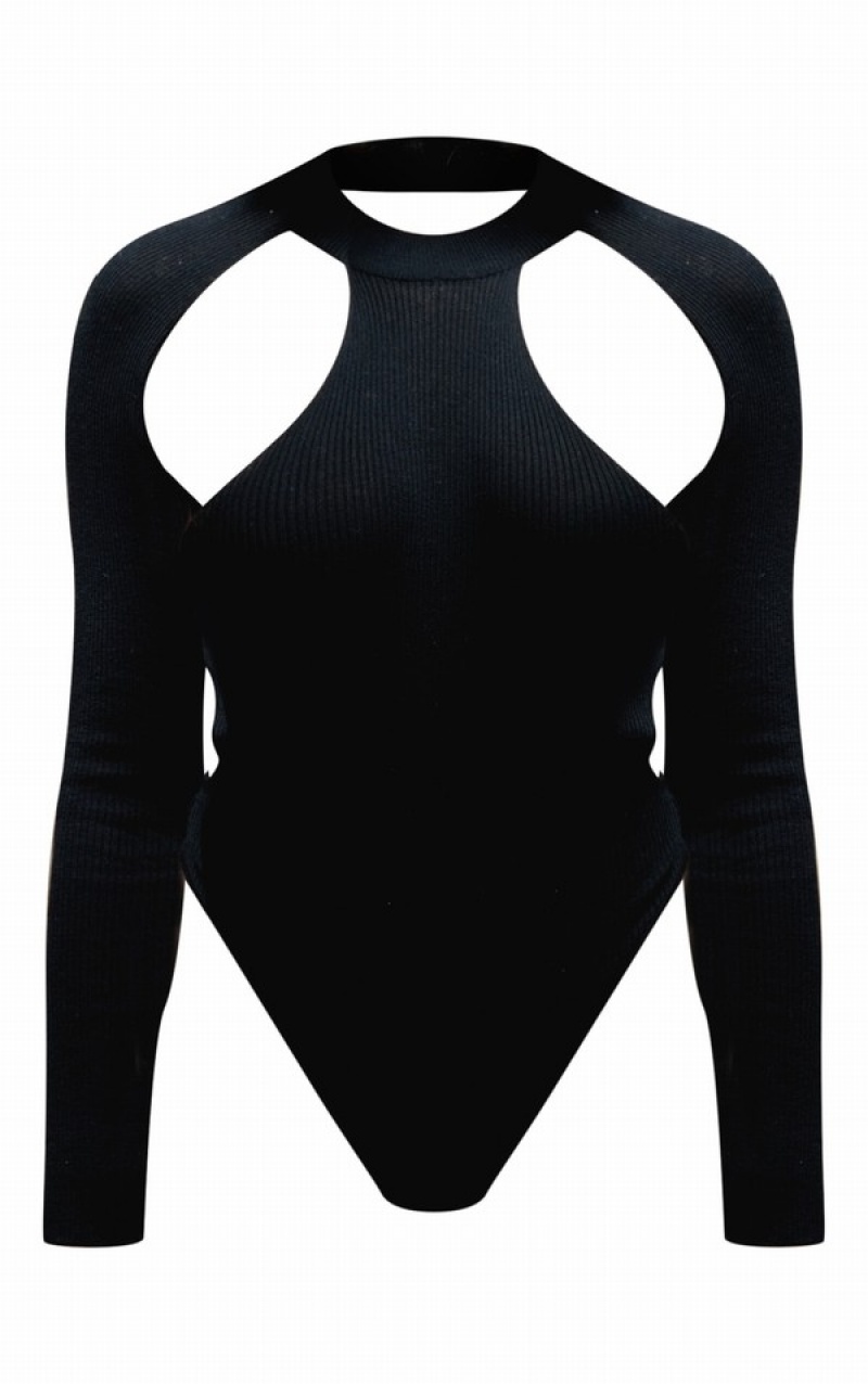 Black Pretty Little Thing Knitted Open Back Bodysuits | SYTDAUQ-08