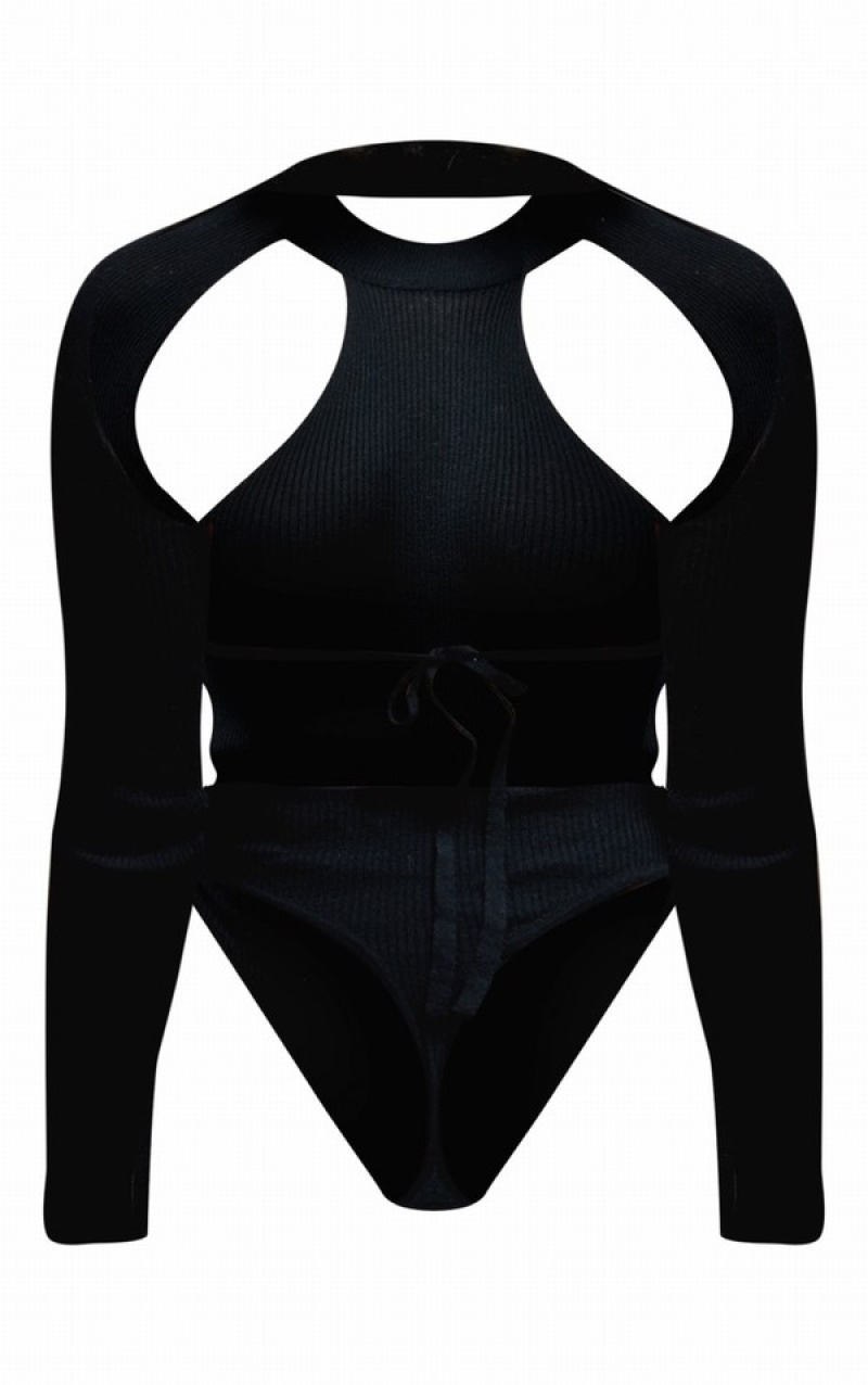 Black Pretty Little Thing Knitted Open Back Bodysuits | SYTDAUQ-08