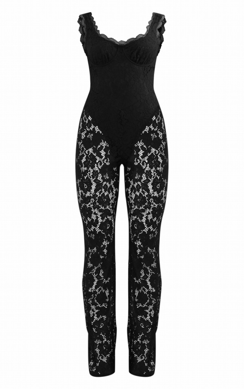 Black Pretty Little Thing Lace Boning Detail Strappy Flared Jumpsuits | HPRZKSQ-92