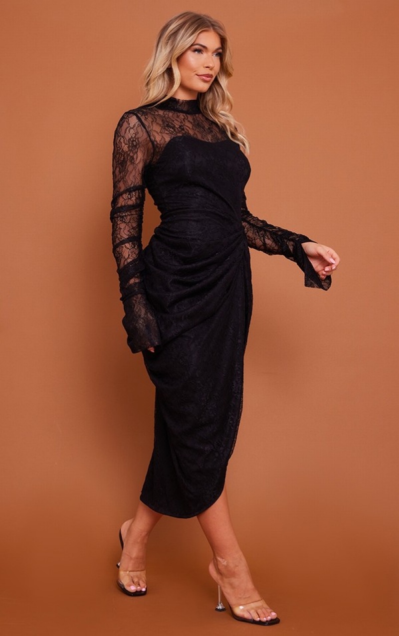 Black Pretty Little Thing Lace High Neck Long Sleeve Draped Dresses | EZNBPLR-46