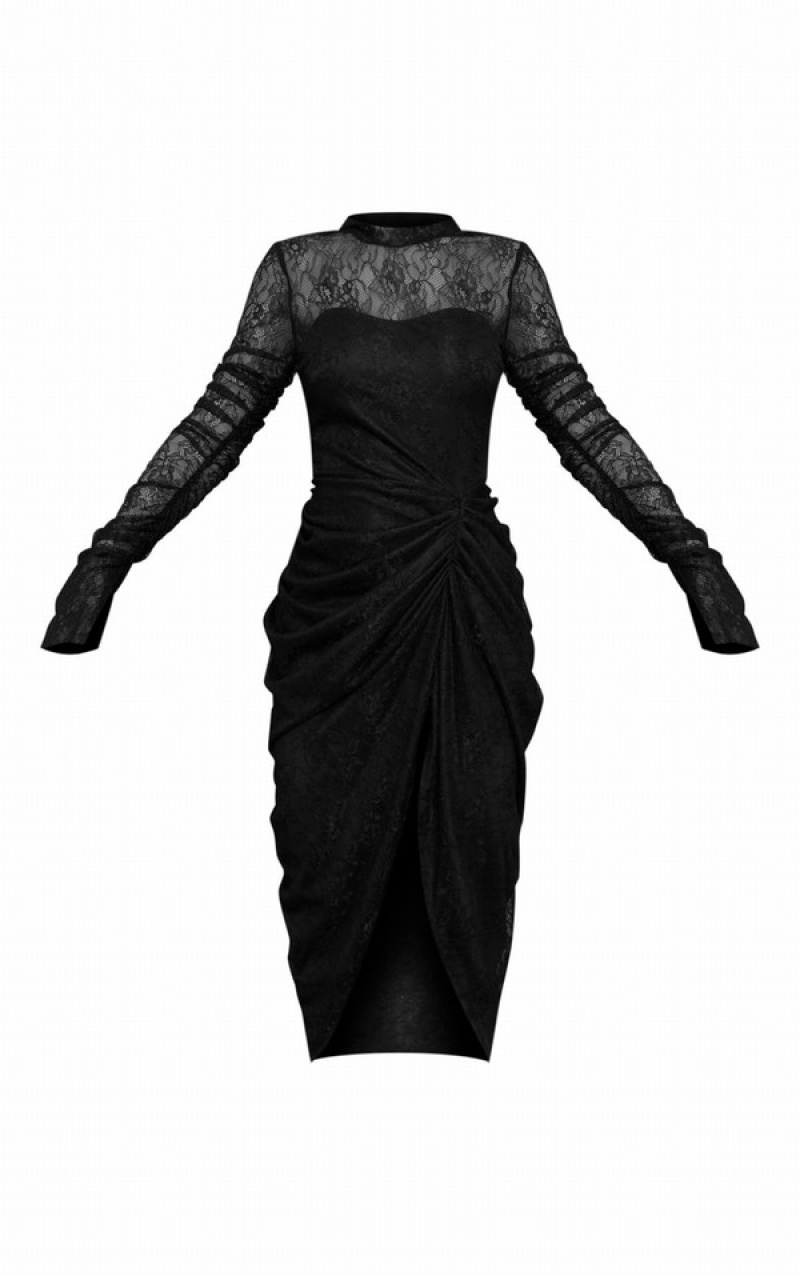 Black Pretty Little Thing Lace High Neck Long Sleeve Draped Dresses | EZNBPLR-46