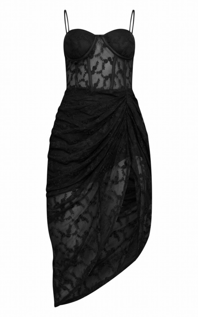 Black Pretty Little Thing Lace Strappy Cup Detail Draped Dresses | JHCZMTD-02