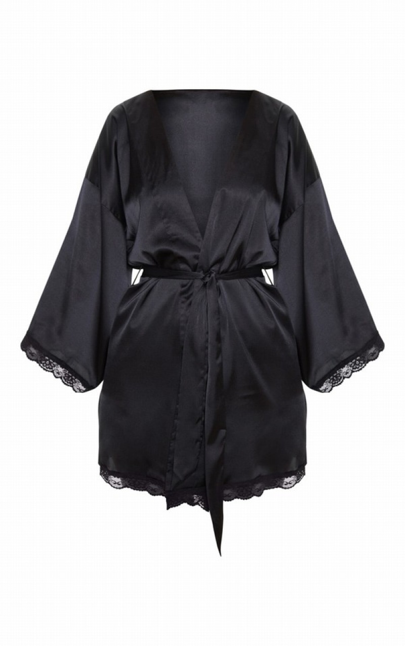 Black Pretty Little Thing Lace Trim Satin Robe Lingerie | LSIFNQW-74