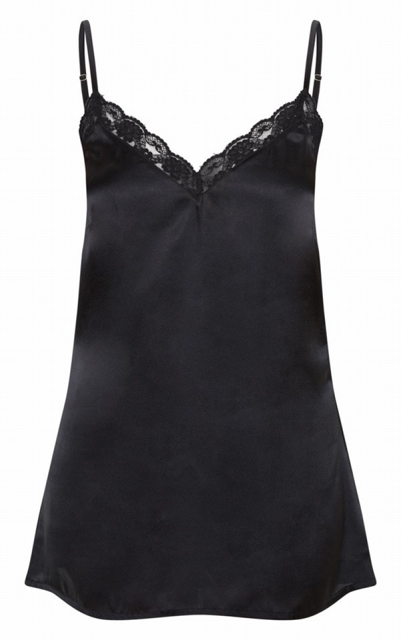 Black Pretty Little Thing Lace Trim Satin Nightie Lingerie | EJOLMDY-98