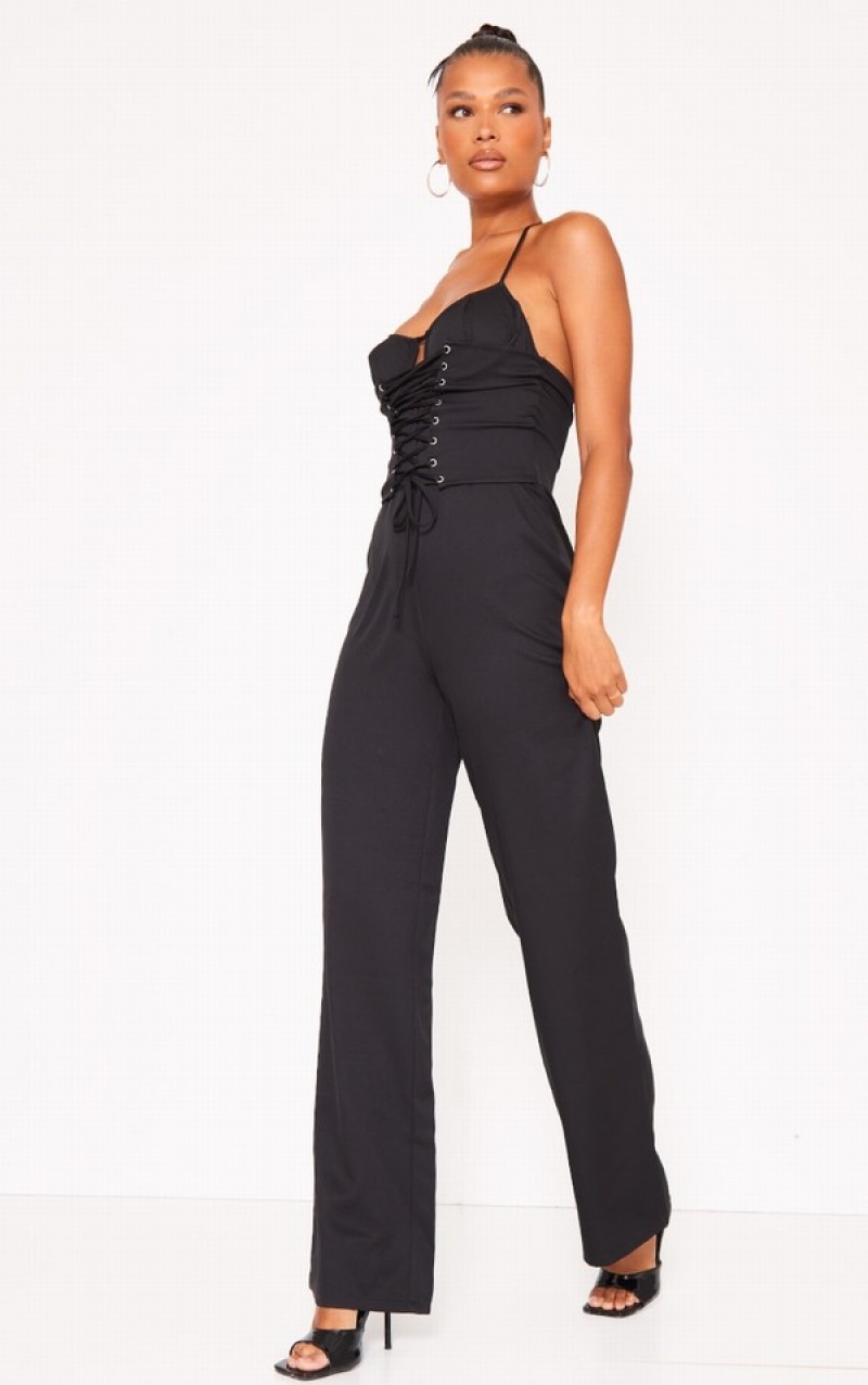 Black Pretty Little Thing Lace Up Detail UnderwiHalterneck Woven Jumpsuits | SXVBNTC-91