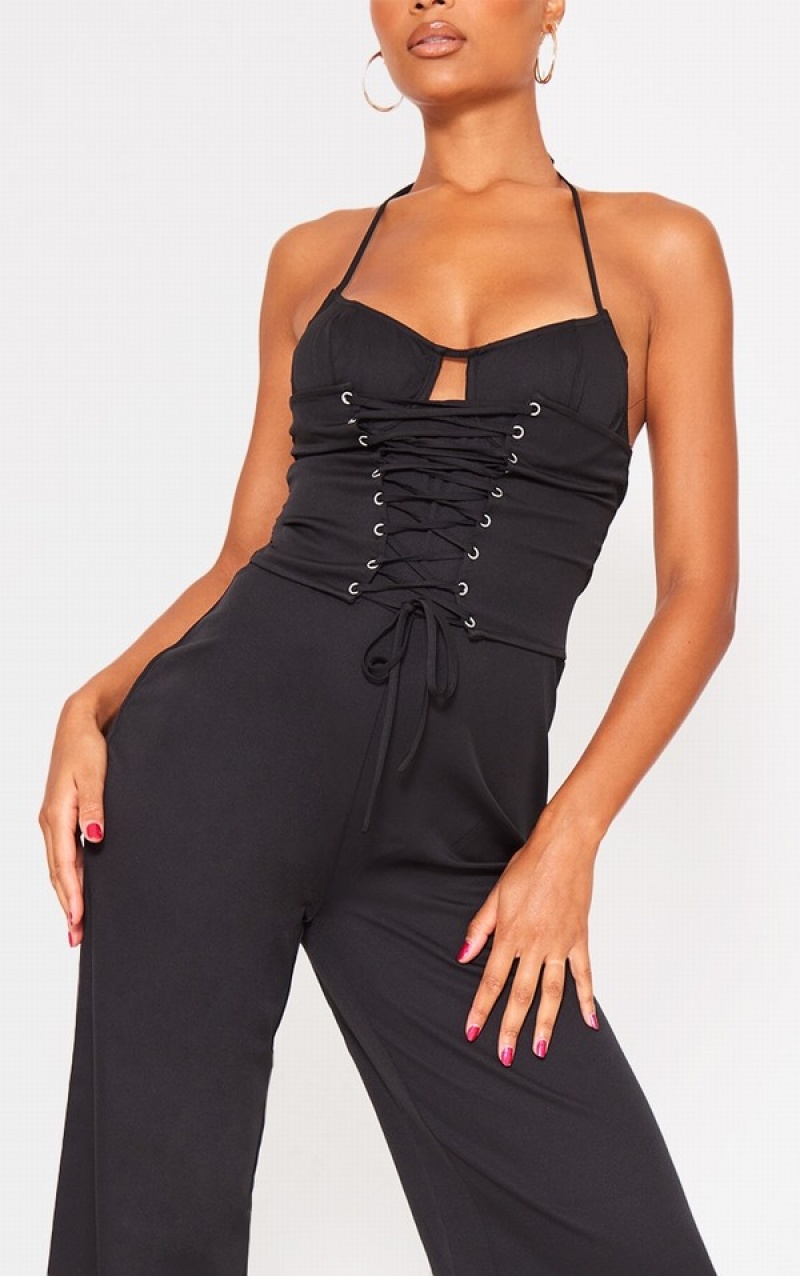 Black Pretty Little Thing Lace Up Detail UnderwiHalterneck Woven Jumpsuits | SXVBNTC-91