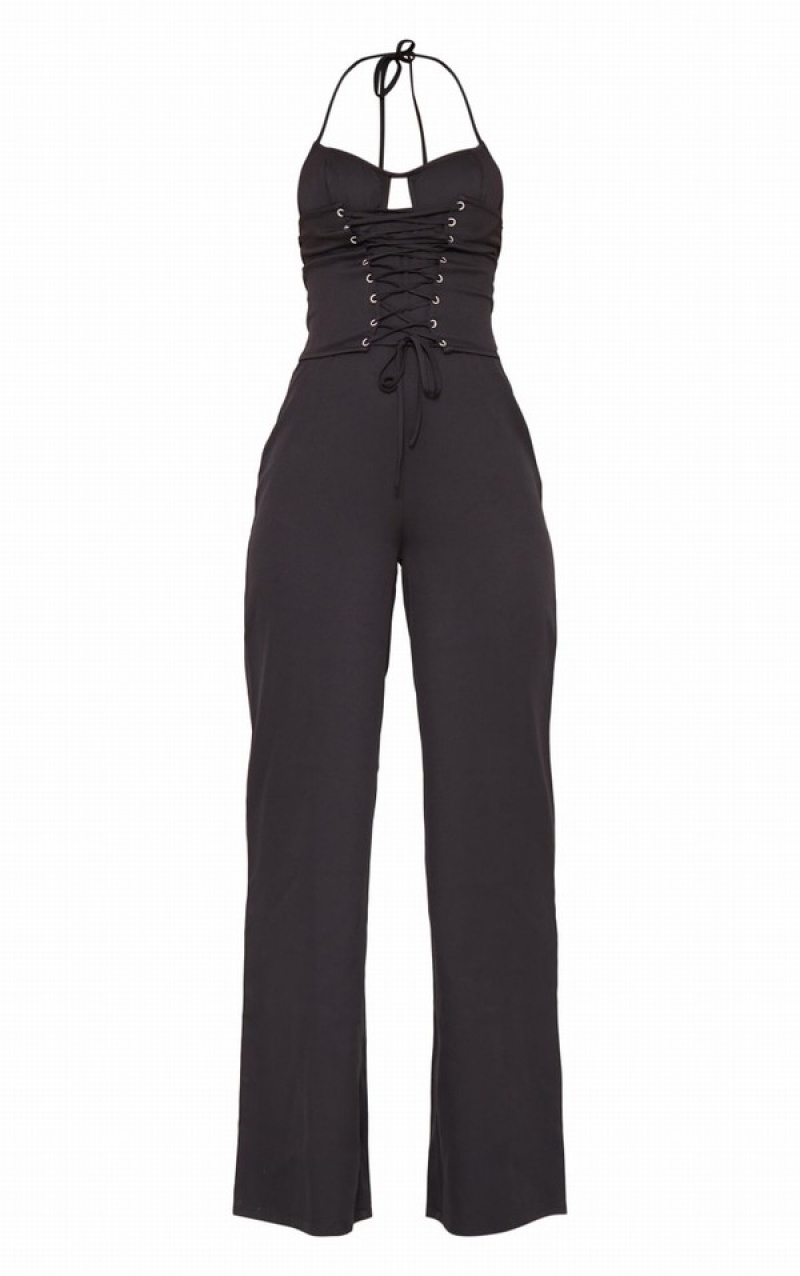 Black Pretty Little Thing Lace Up Detail UnderwiHalterneck Woven Jumpsuits | SXVBNTC-91