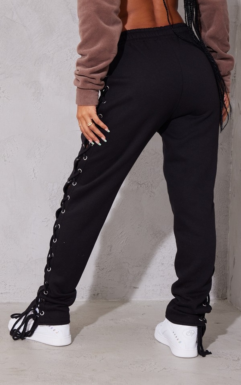 Black Pretty Little Thing Lace Up Detail Oversized Sweatpants | RGSPOJX-72