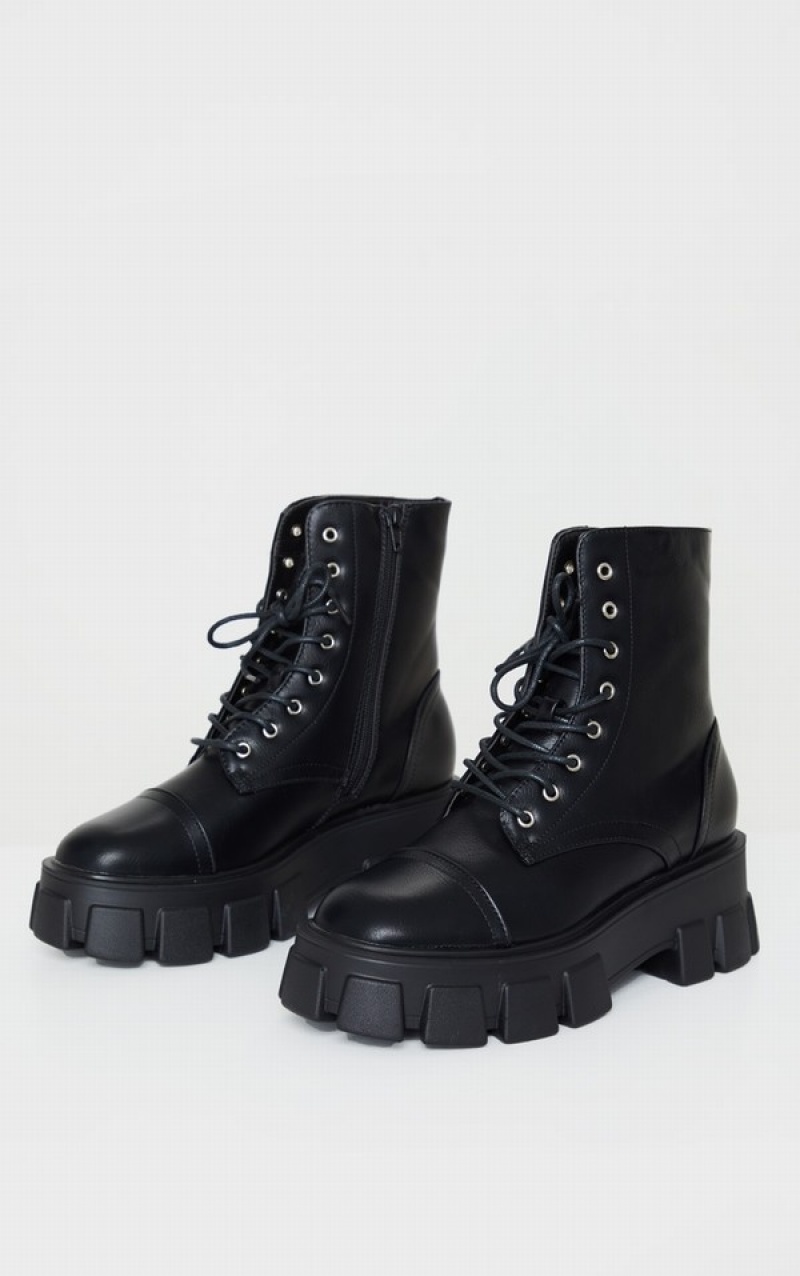 Black Pretty Little Thing Lace Up Extreme Cleated Sole Combat Boots | KQNGFJU-56