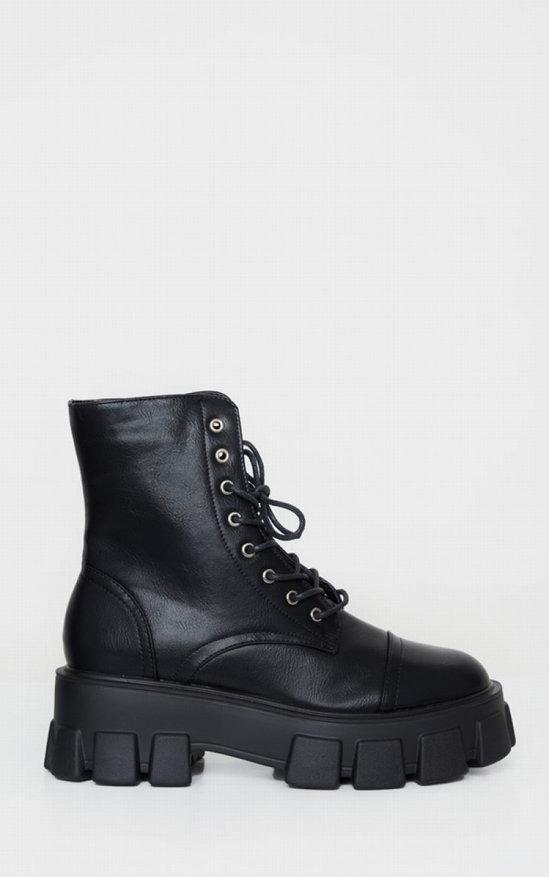 Black Pretty Little Thing Lace Up Extreme Cleated Sole Combat Boots | KQNGFJU-56