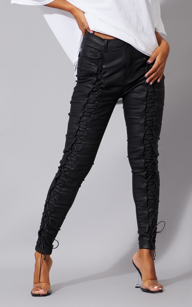 Black Pretty Little Thing Lace Up Fronted Skinny Jeans | HERODFA-36