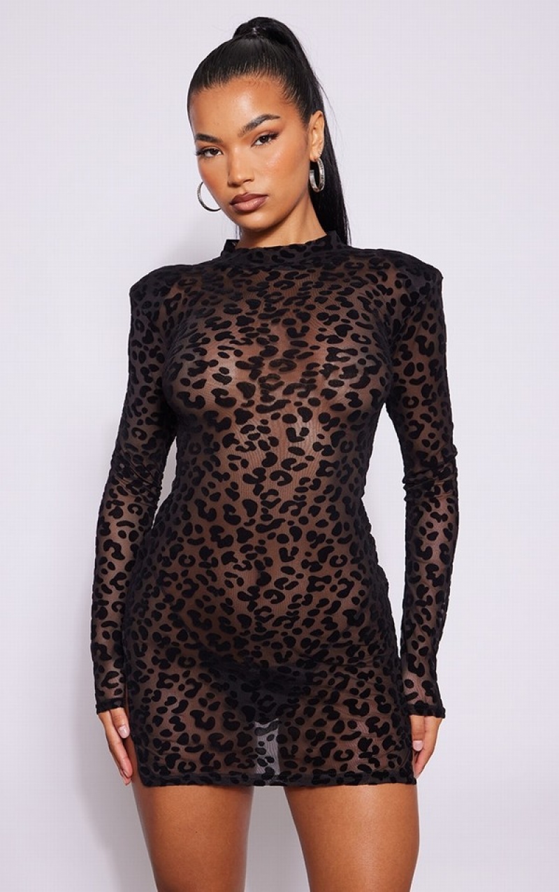 Black Pretty Little Thing Leopard Flocked Detail Long Sleeve Bodycon Dresses | NLBTQZA-86