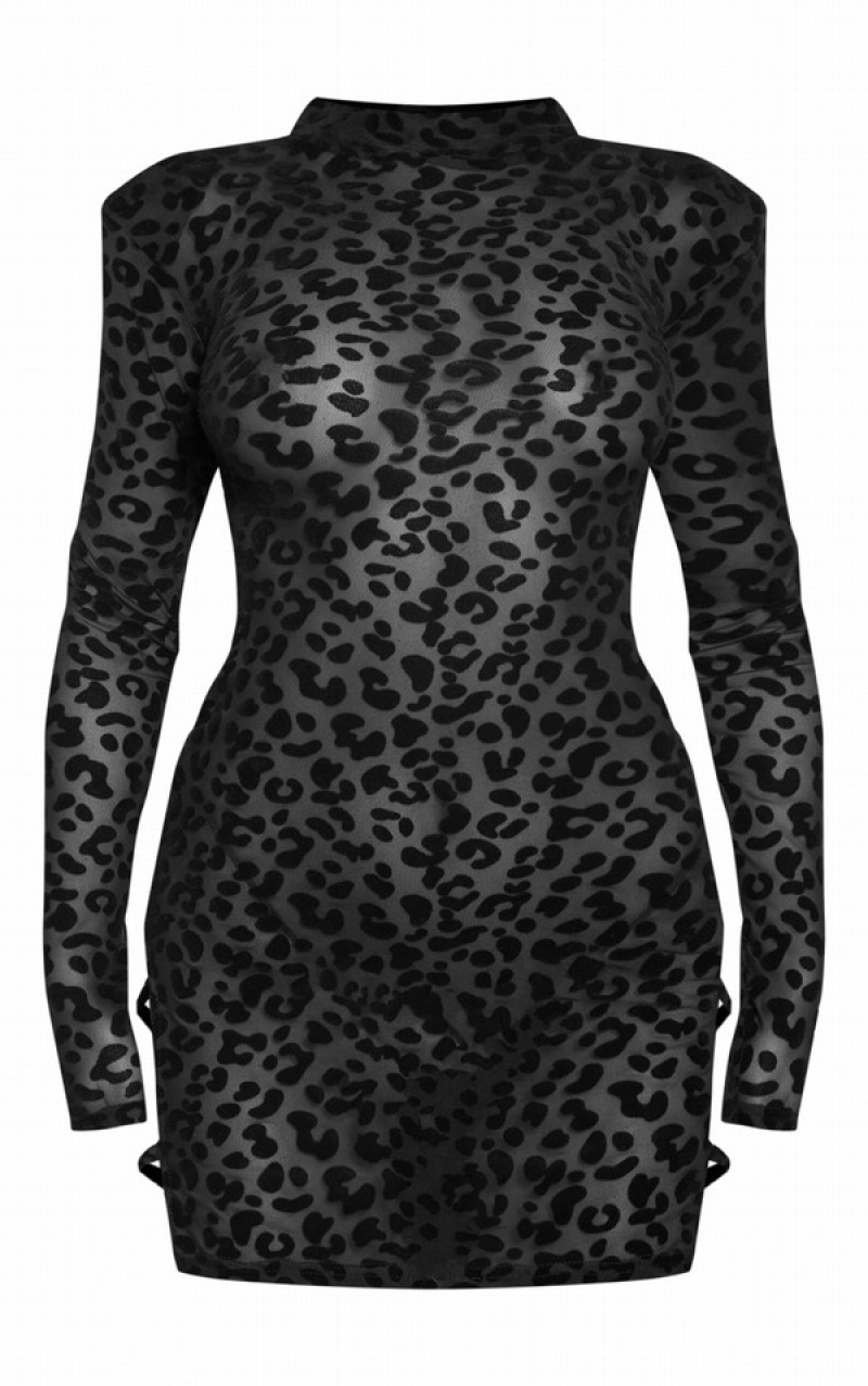 Black Pretty Little Thing Leopard Flocked Detail Long Sleeve Bodycon Dresses | NLBTQZA-86