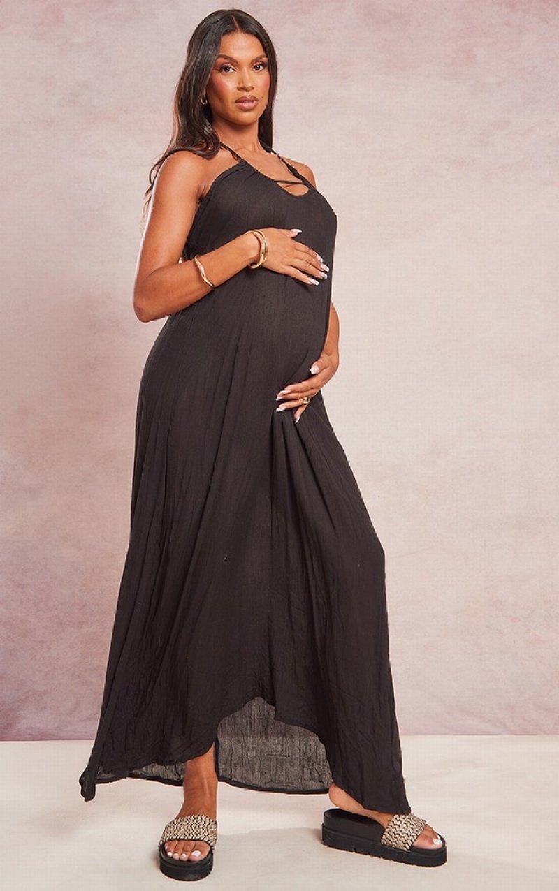 Black Pretty Little Thing Maternity Halterneck Cheesecloth Maxi Dresses | NPXQSKD-71