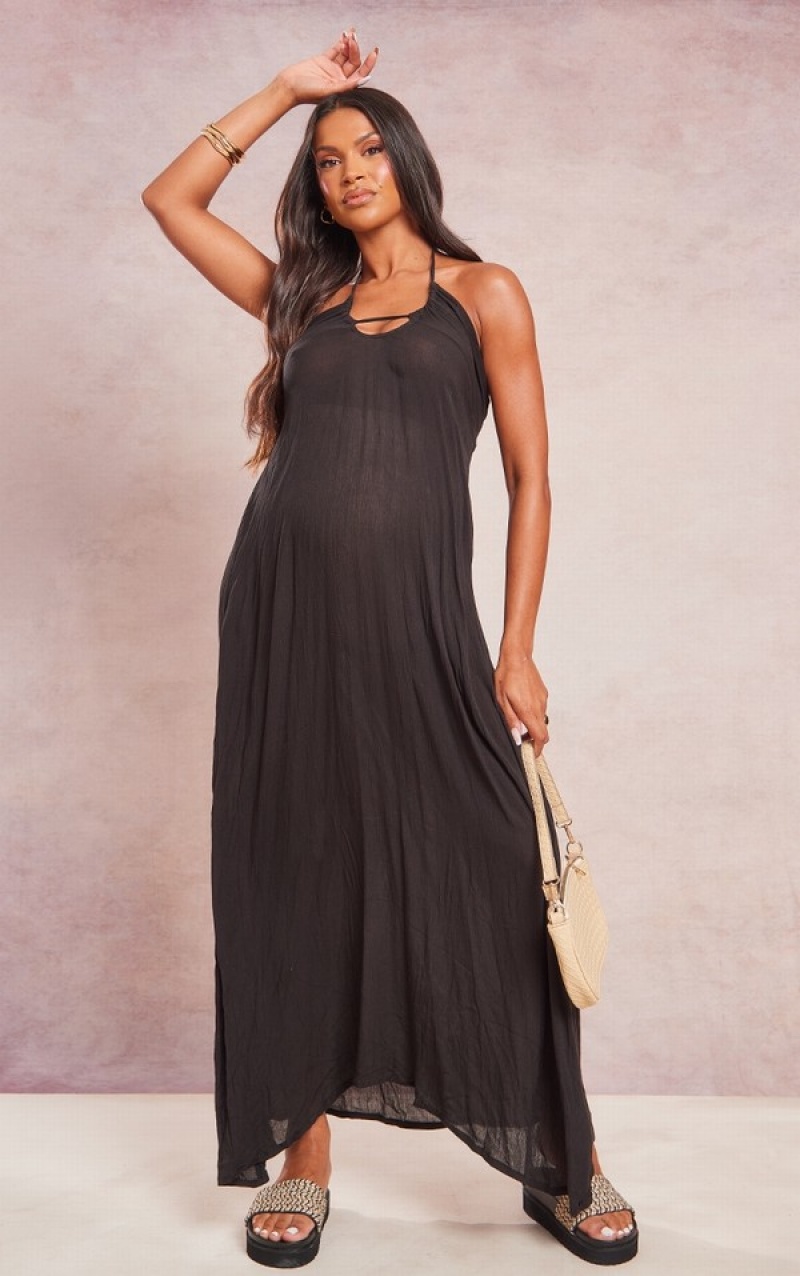 Black Pretty Little Thing Maternity Halterneck Cheesecloth Maxi Dresses | NPXQSKD-71