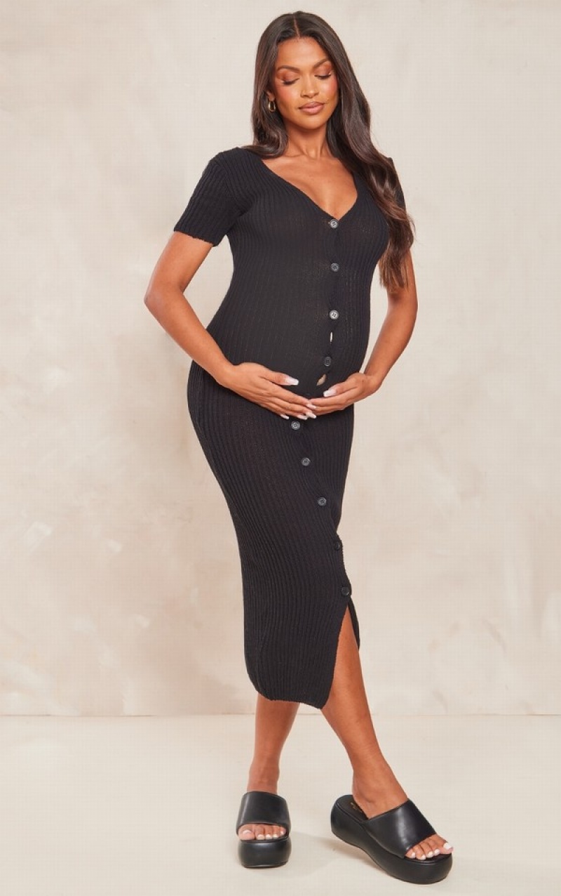 Black Pretty Little Thing Maternity Knit Button Up Midaxi Dresses | VKDGACW-01