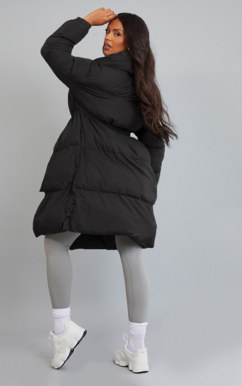 Black Pretty Little Thing Maternity Oversized Collar ed Longline Puffer Coats | ICFQYEP-98