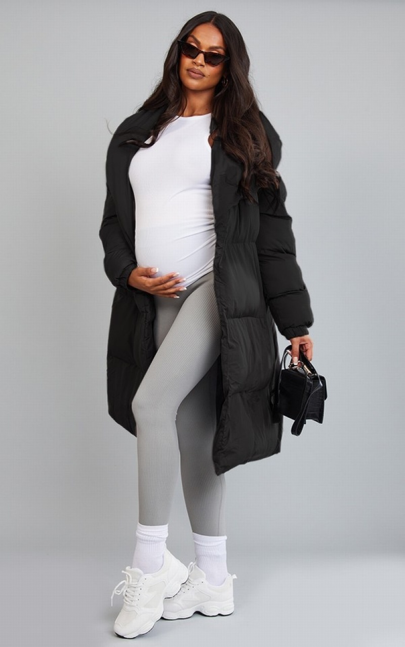 Black Pretty Little Thing Maternity Oversized Collar ed Longline Puffer Coats | ICFQYEP-98