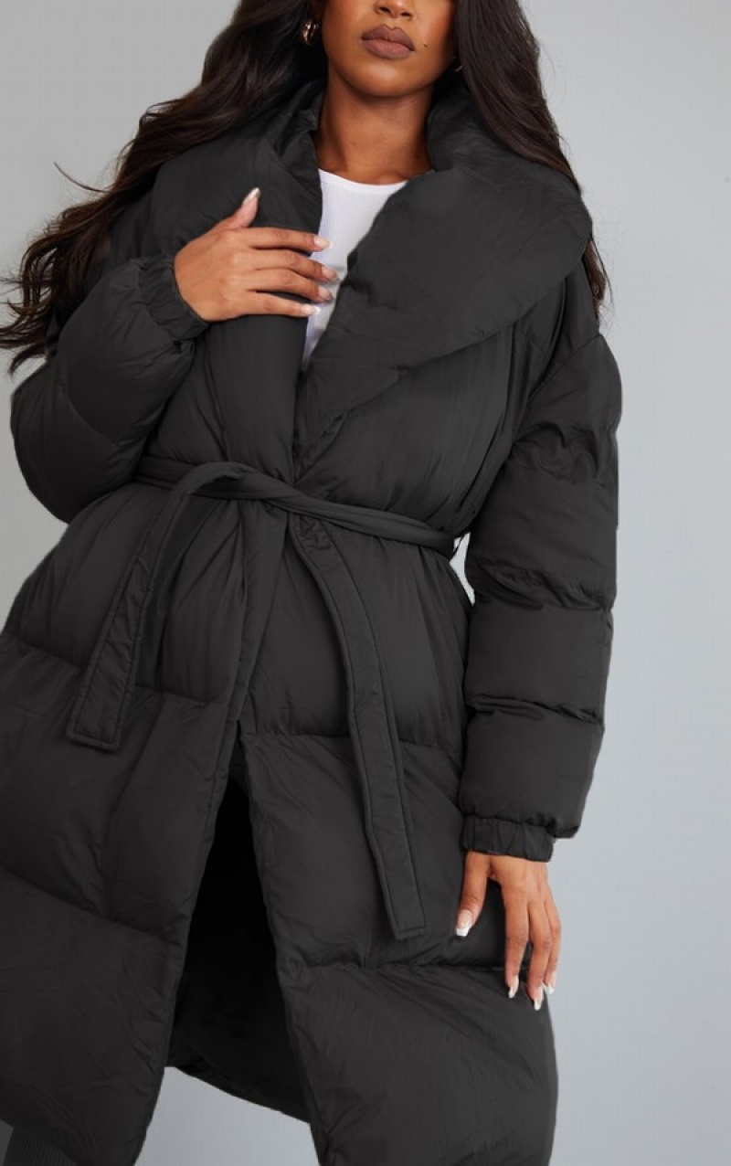 Black Pretty Little Thing Maternity Oversized Collar ed Longline Puffer Coats | ICFQYEP-98