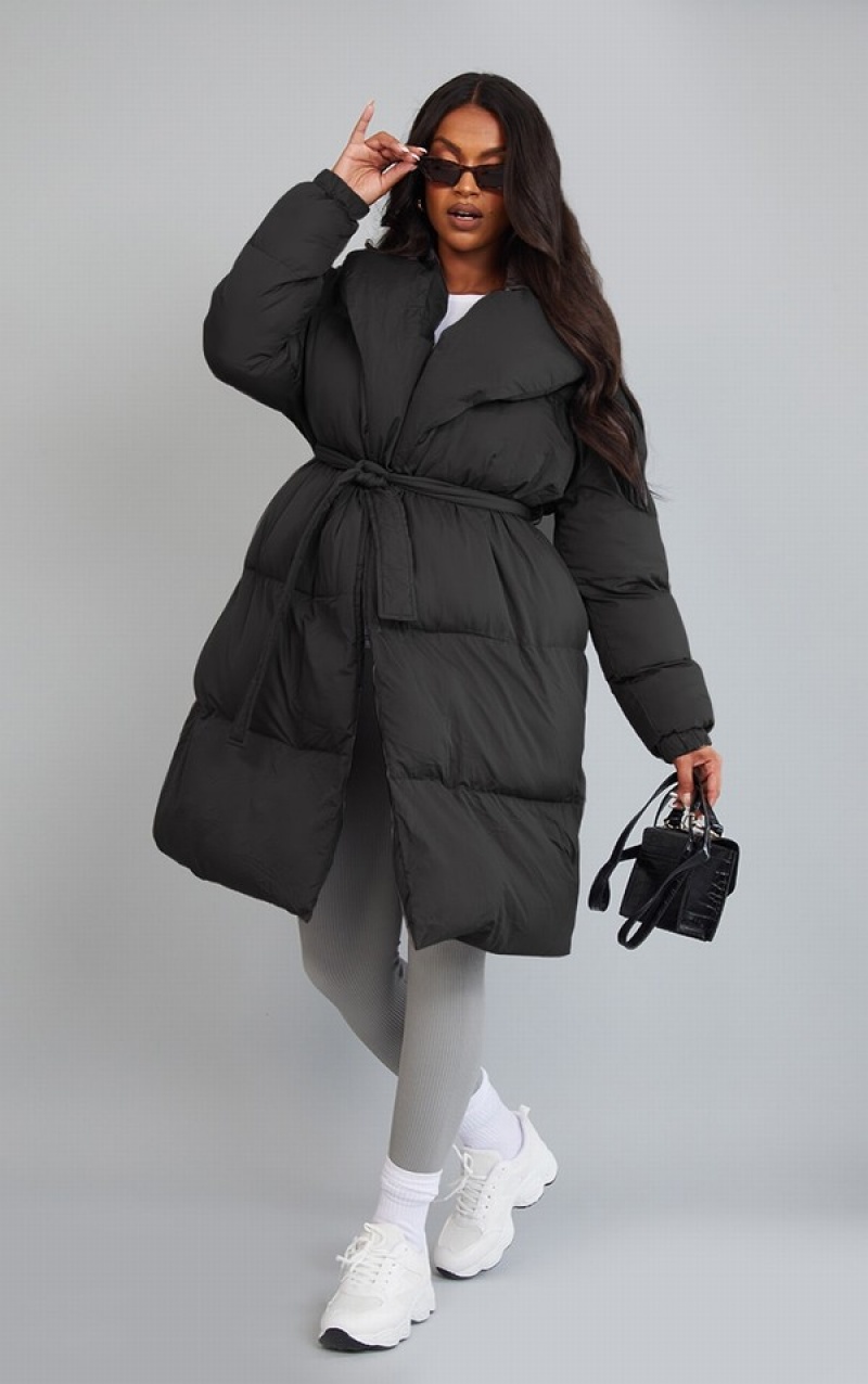 Black Pretty Little Thing Maternity Oversized Collar ed Longline Puffer Coats | ICFQYEP-98