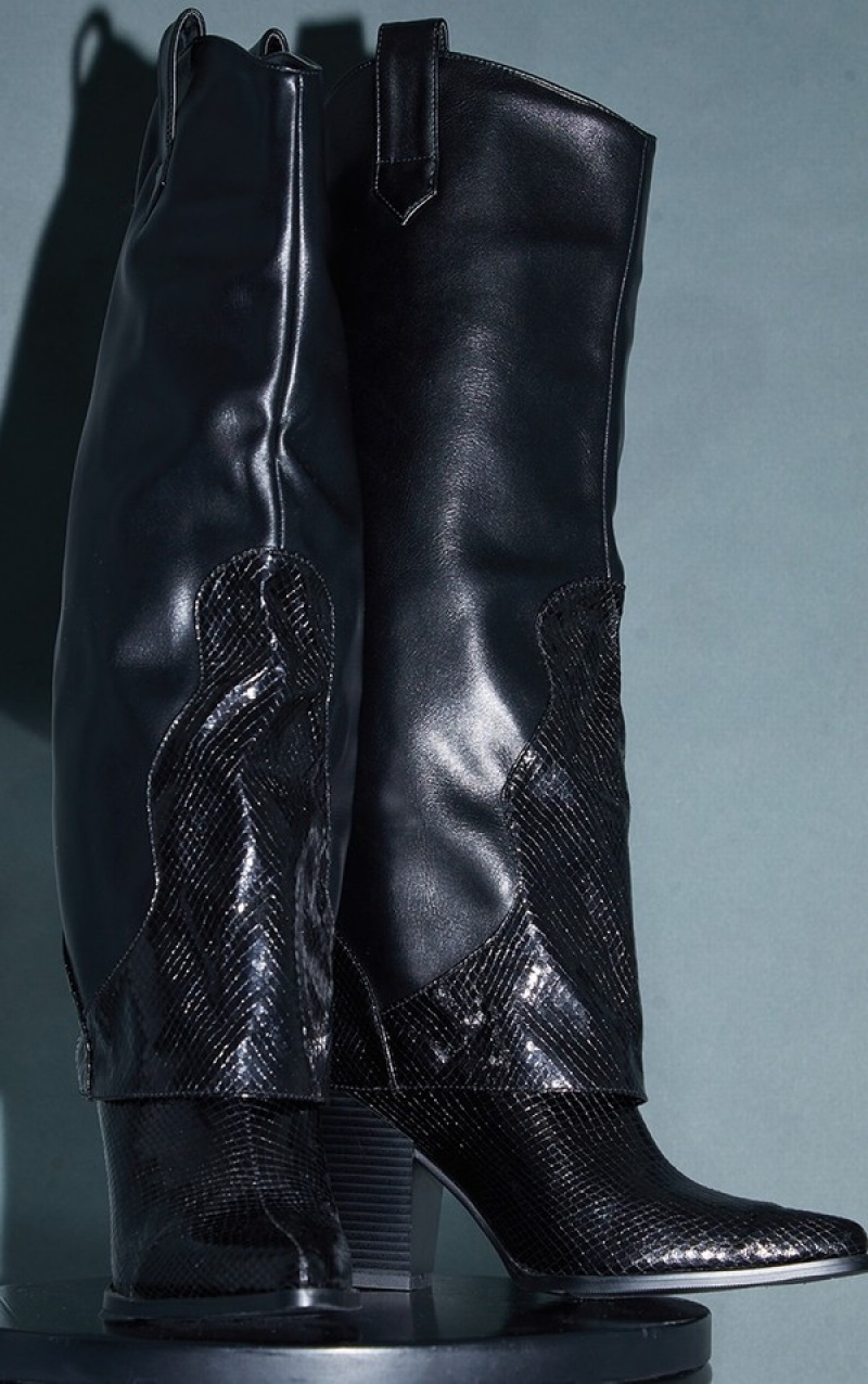 Black Pretty Little Thing Matte PU Snake Western Fold Knee Boots | GCOXQLE-76