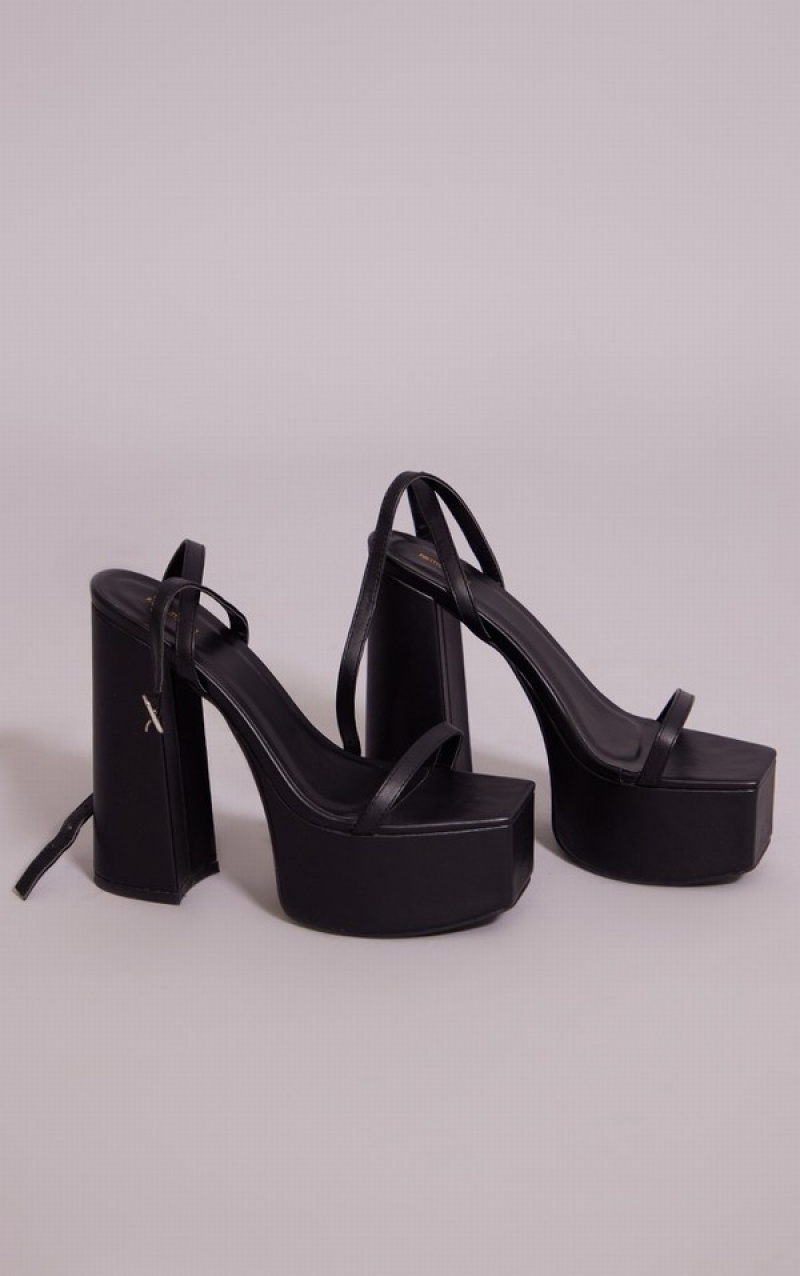 Black Pretty Little Thing Matte PU Strappy Platform Highs Heels | USBWTQE-17