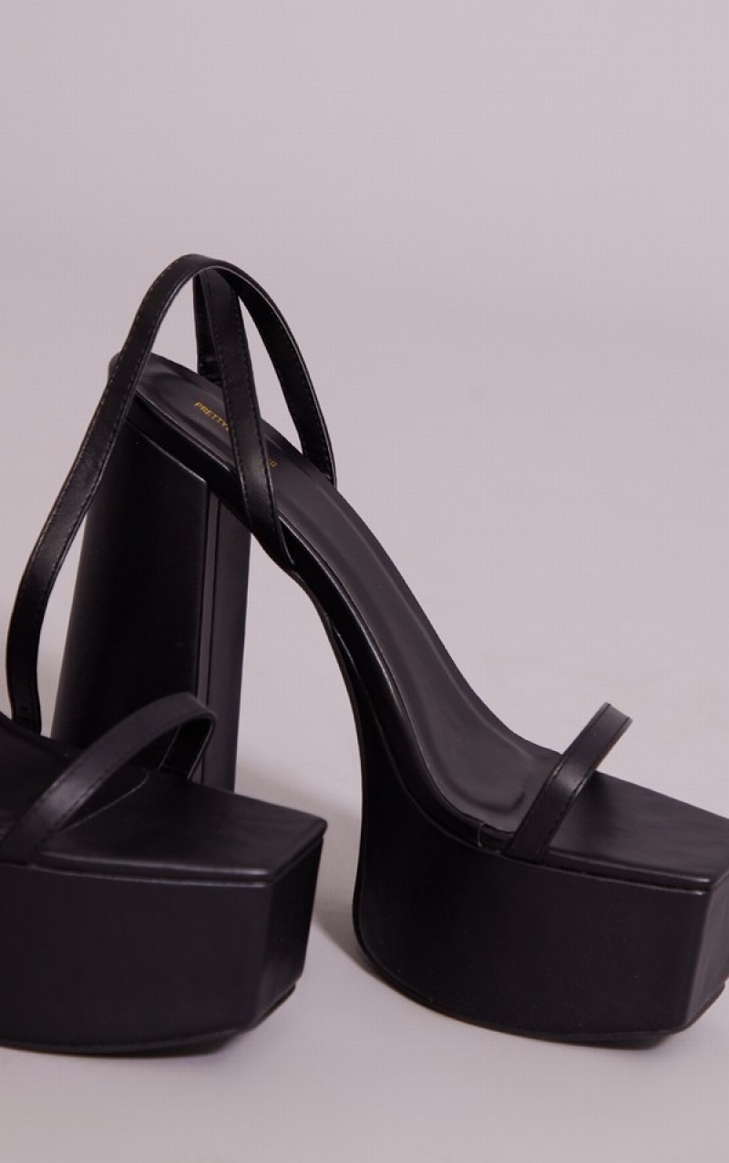 Black Pretty Little Thing Matte PU Strappy Platform Highs Heels | USBWTQE-17